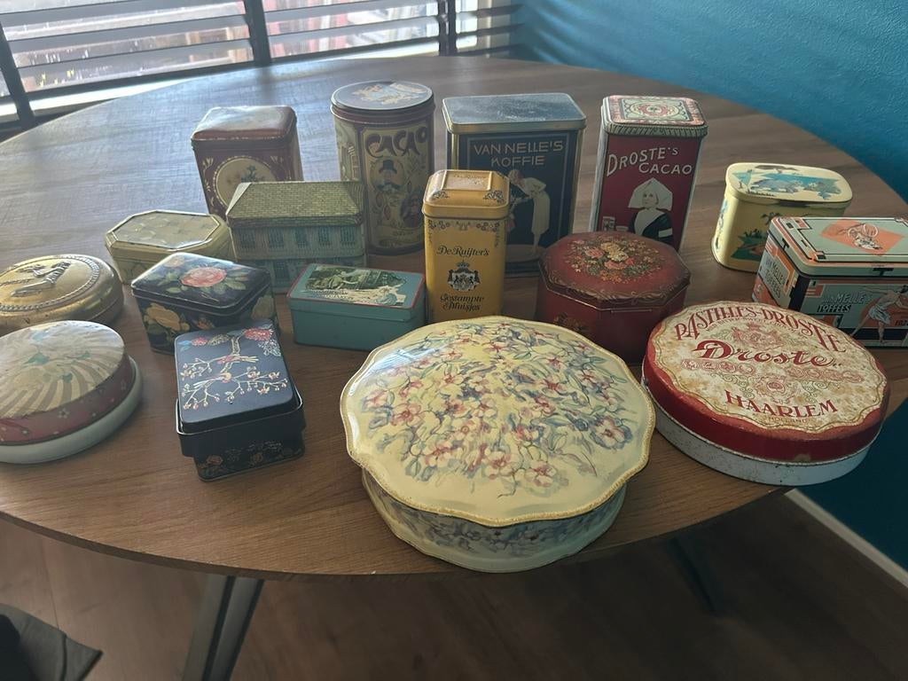 Vintage blikken 17 stuks, Verzamelen, Blikken, Ophalen, Gebruikt, Overige, Van Nelle