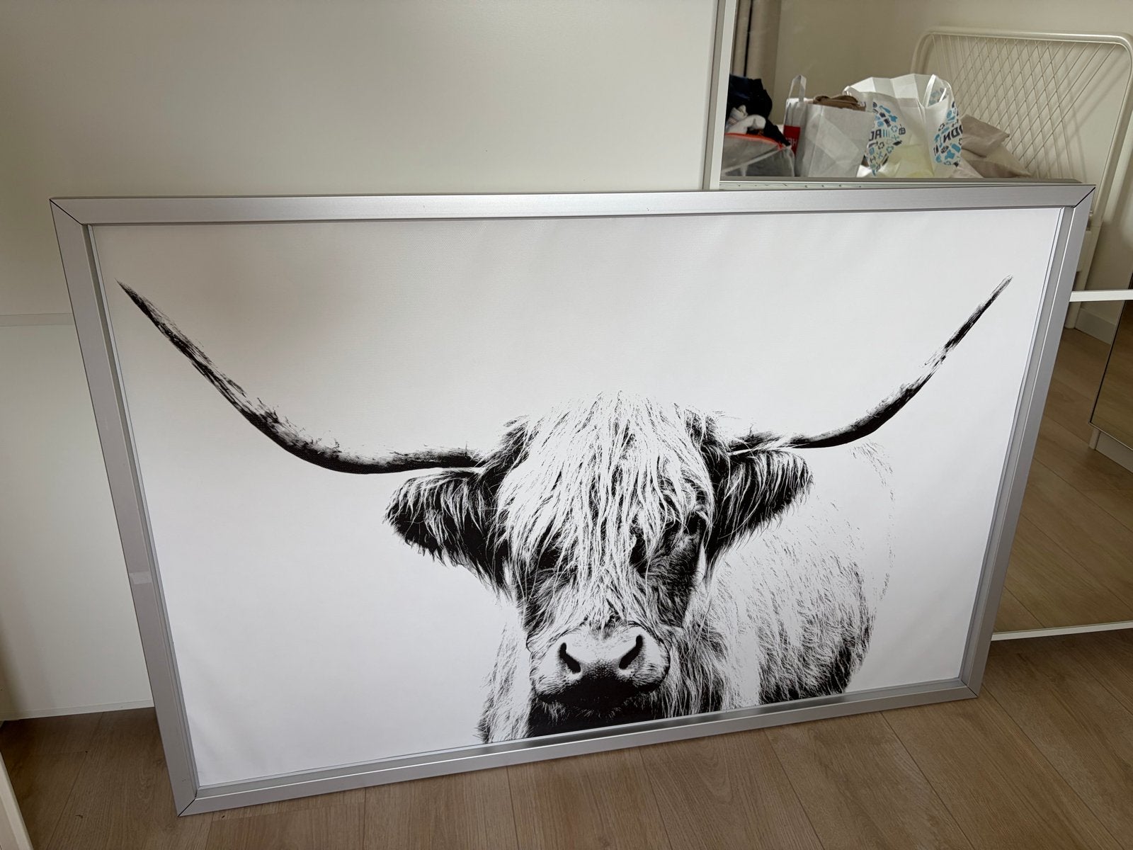IKEA doek in lijst 118x78 cm Schotse Hooglander, Ophalen, Gebruikt, Metaal of Aluminium, 100 tot 125 cm