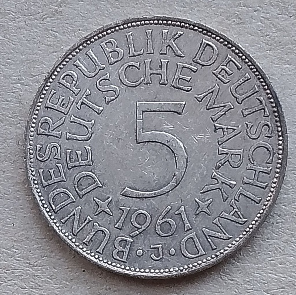 Duitsland, 5 mark 1961 J, Ophalen of Verzenden, Duitsland, Losse munt, Zilver