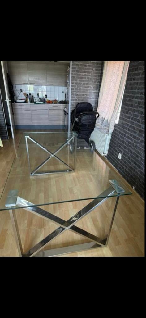 Glazen eettafel en salontafel set, Huis en Inrichting, Tafels | Eettafels, Gebruikt, Glas, Rechthoekig, 50 tot 100 cm