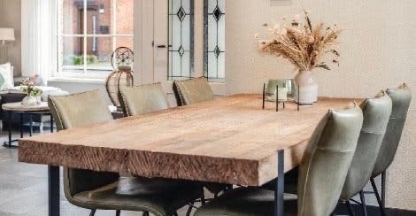 Tafel Fatboy incl 6 stoelen (pepitto - mombassa leder), Ophalen, 200 cm of meer, 50 tot 100 cm, Zo goed als nieuw