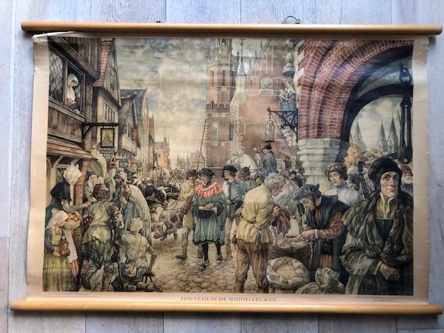 Prachtige originele schoolplaat van stad in de middeleeuwen, Ophalen, Geschiedenis