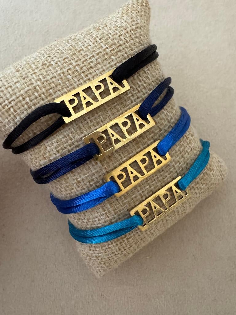 Gouden papa bedel armband aan satijn koord naar keuze, Staal, Nieuw, Ophalen of Verzenden, Met bedels of kralen