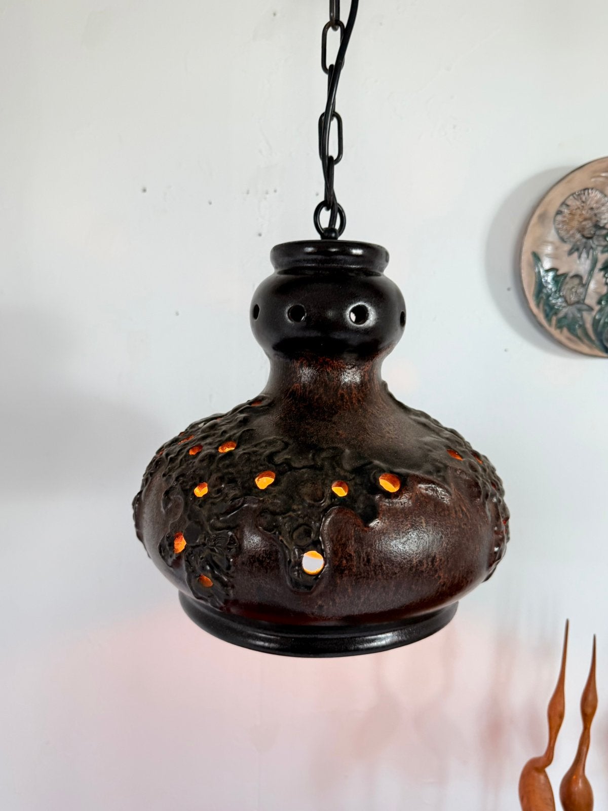Vintage keramieken fat lava hanglamp, Richard Essig ‘60, Vintage retro buisframe design rotan webbing papercord deens, Metaal