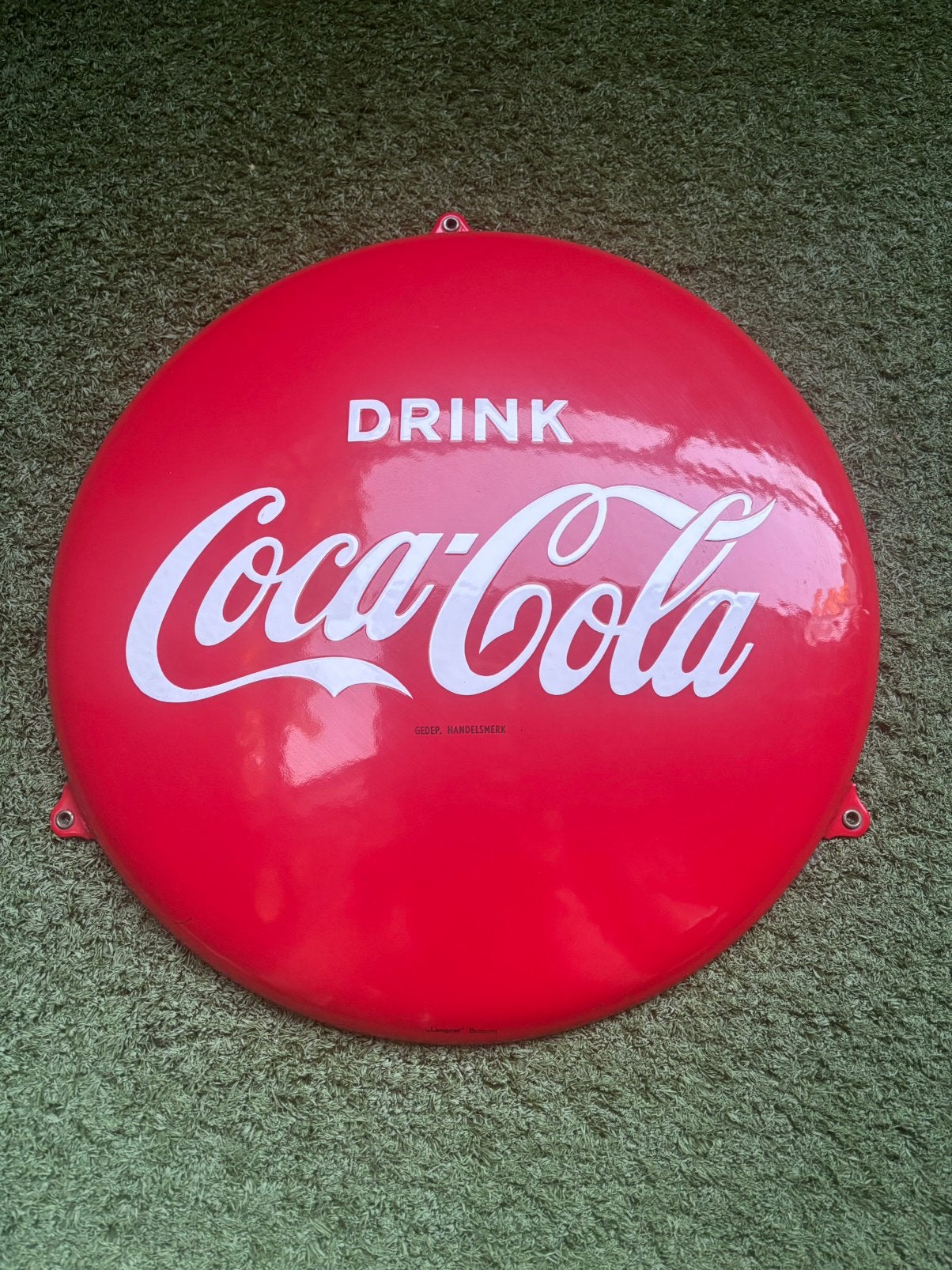 Supermooie emaille Coca Cola button 40 cm Langcat Bussum, Ophalen of Verzenden, Zo goed als nieuw, Reclamebord