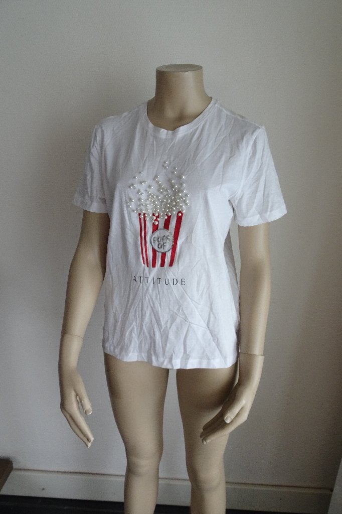 Wit T-shirt met popcorn print en parels, Wit, Zo goed als nieuw, Korte mouw, Ophalen