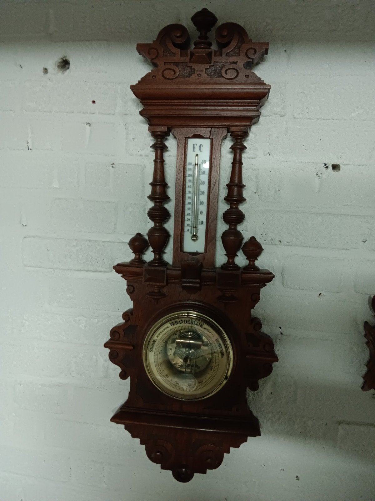 Antieke Barometer en Thermometer in Houten Kast, Ophalen