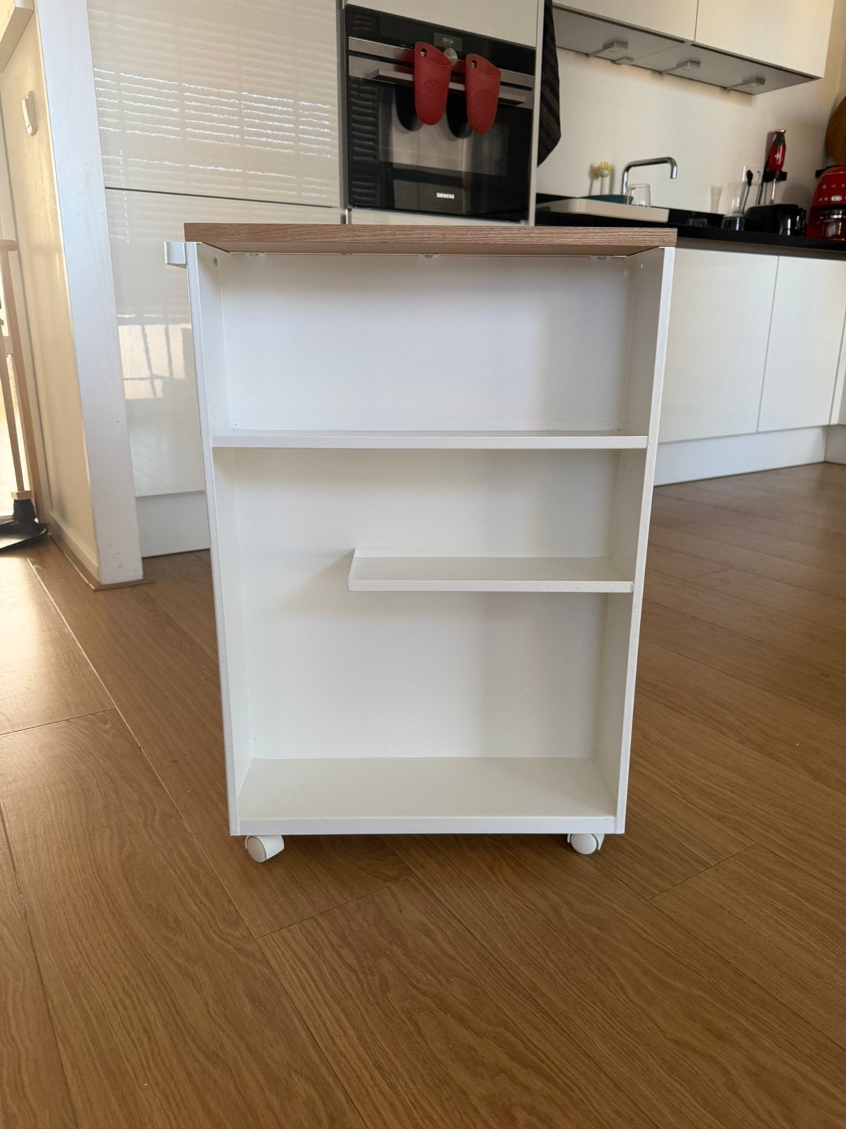 White Bathroom Storage Cabinet on Wheels – Wooden Top, Ophalen, Zo goed als nieuw