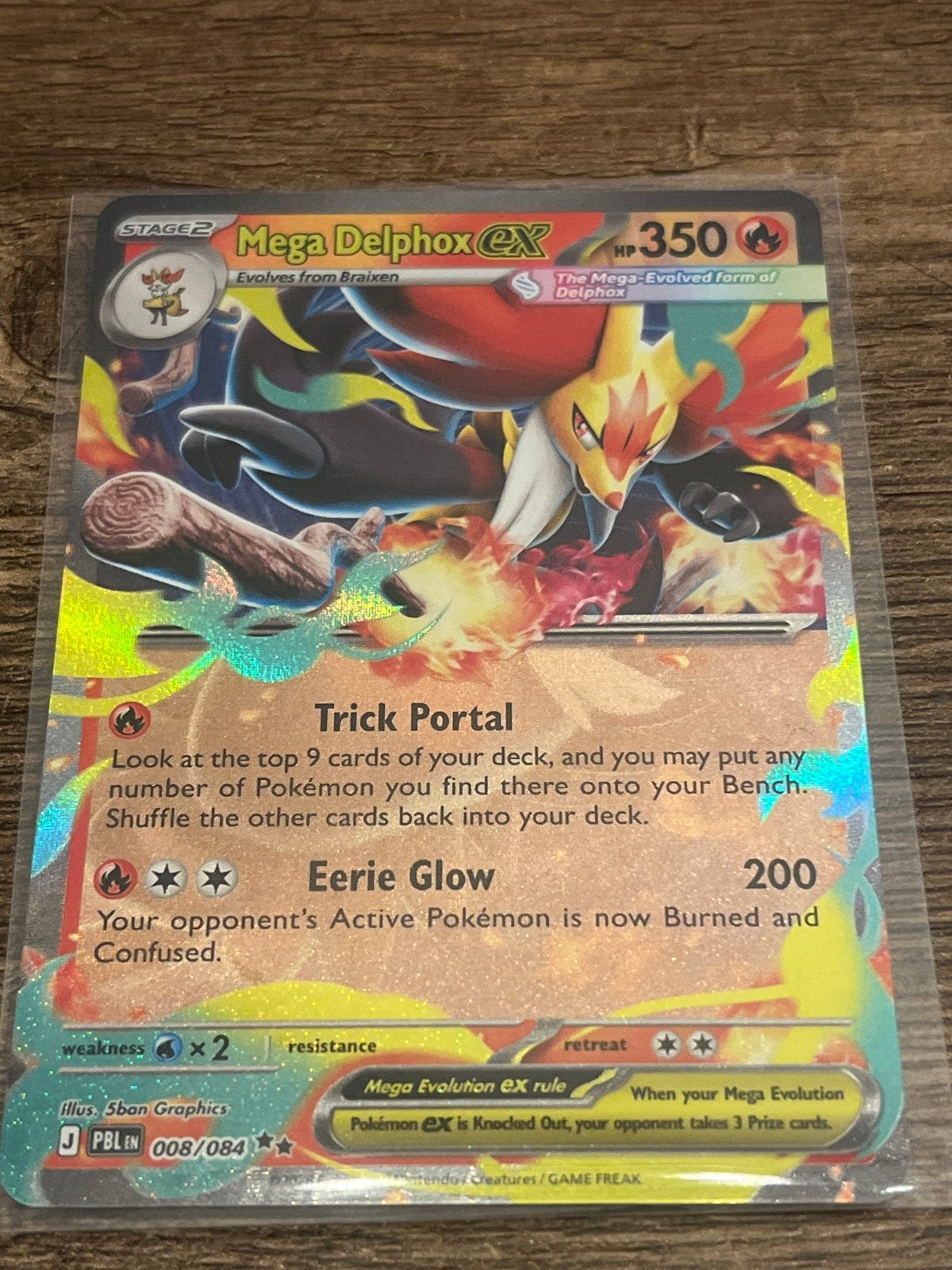 Mega Delphox EX Pokémon Kaart 008/084 - Zeldzaam Foil, Ophalen of Verzenden, Zo goed als nieuw, Losse kaart, Foil