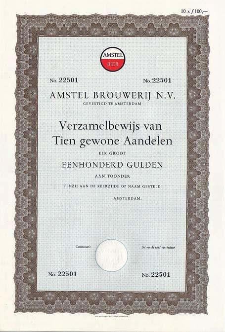 Aandeel Amstel Brouwerij, Ophalen of Verzenden, 1950 tot 1970, Aandeel