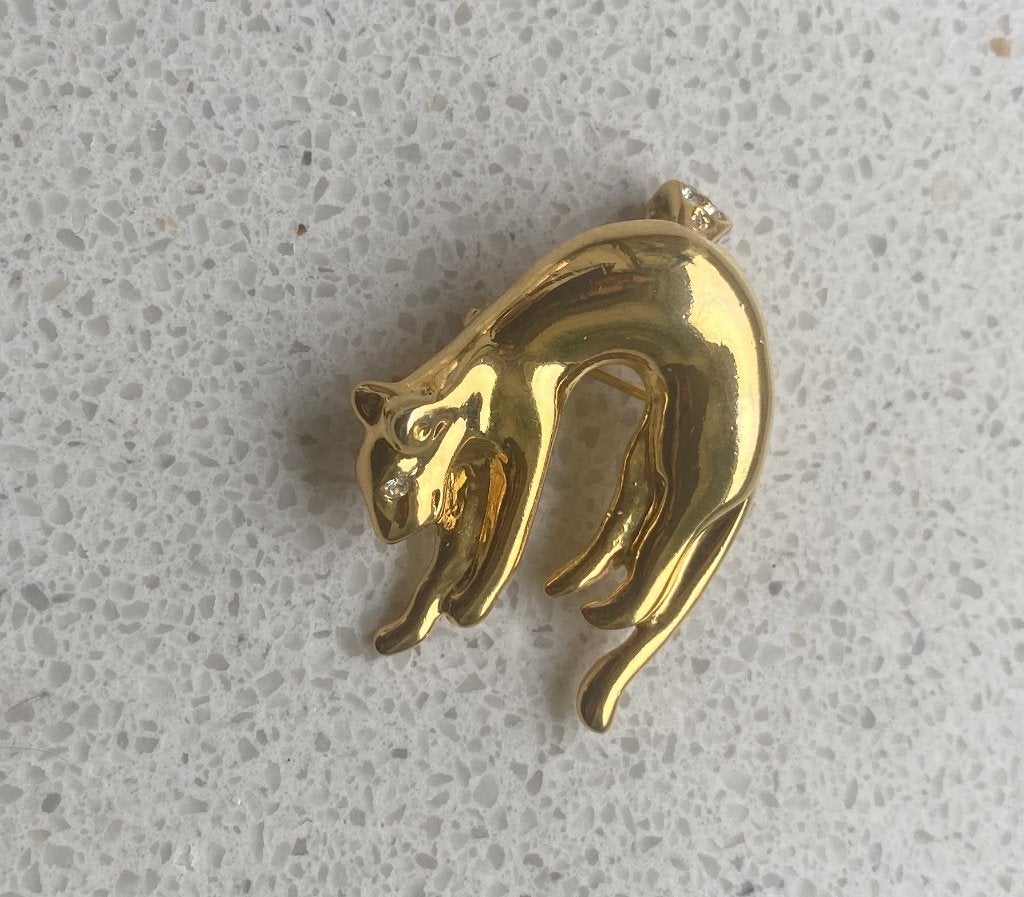 vintage broche / hanger PANTER met wit saffiertje als oog, Overige materialen, 4 tot 7 cm, Met edelsteen, Ophalen of Verzenden
