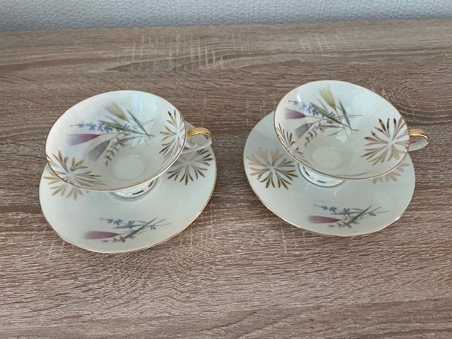 2 Thee kop en schotels met mooie decoratie, Ophalen of Verzenden