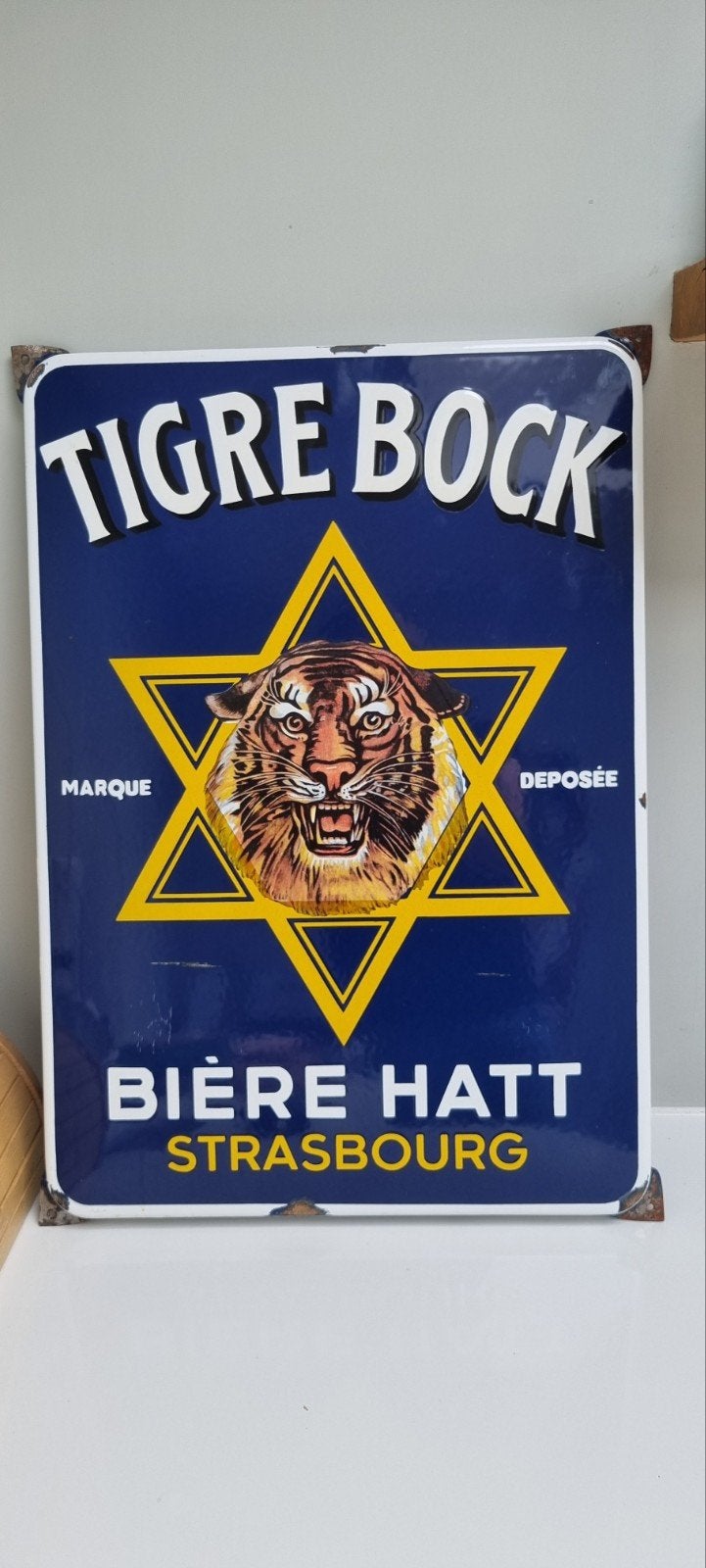 Emaille bier Tigre Bock reclamebord bord, Ophalen of Verzenden, Gebruikt, Reclamebord