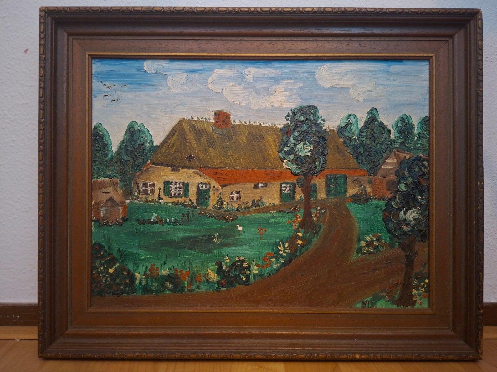 Olieverfschilderij boerderijlandschap, gesigneerd, Doek, Bijzondere lijst, Ophalen of Verzenden, Landschap