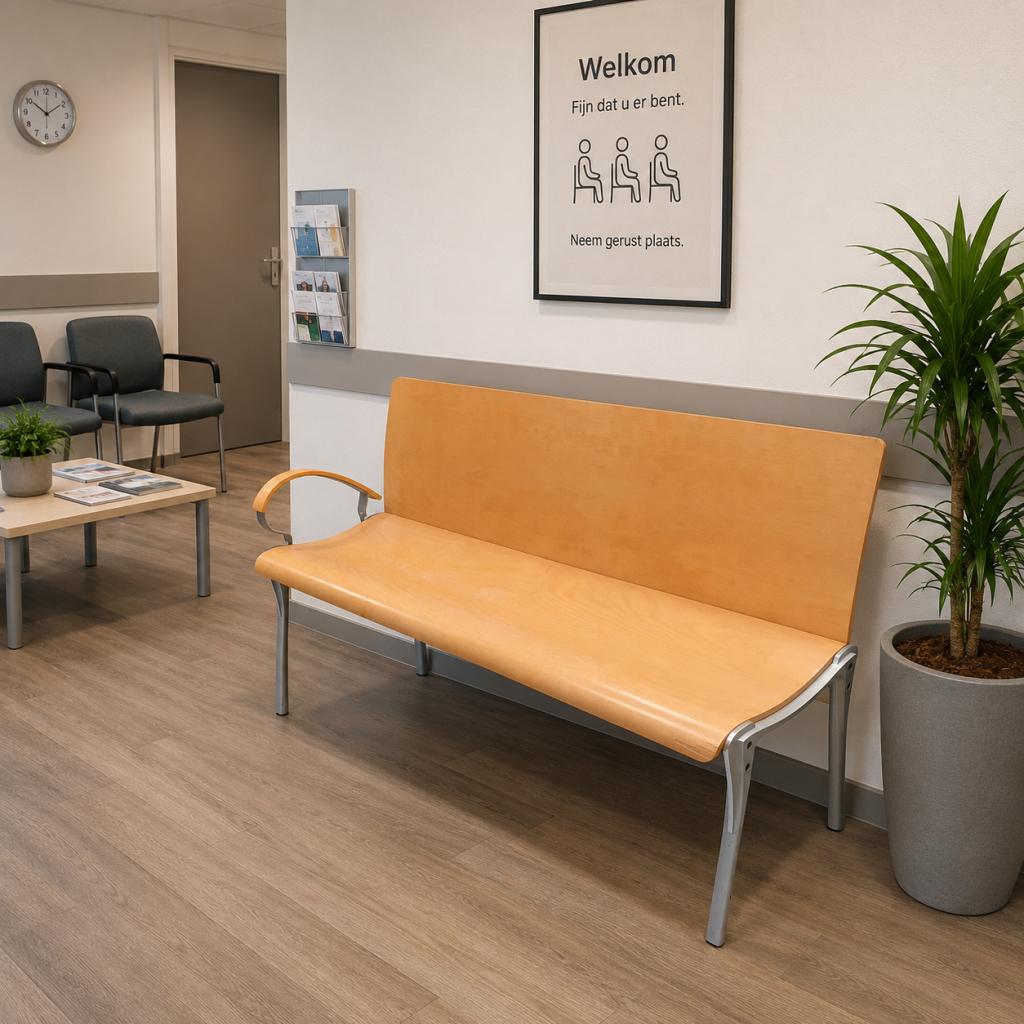 Design houten wachtkamerbank met schade - 160 cm breed, Huis en Inrichting, Banken | Bankstellen, Niet ingevuld, Gebruikt, Niet ingevuld