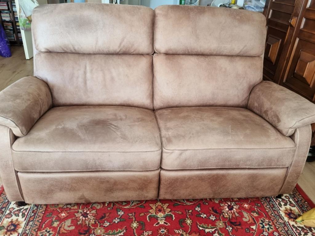 Comfortabele bruine stoffen relaxfauteuils en tweezitsbank, Modern, Comfortabel, Gebruikt, 75 tot 100 cm, Ophalen of Verzenden