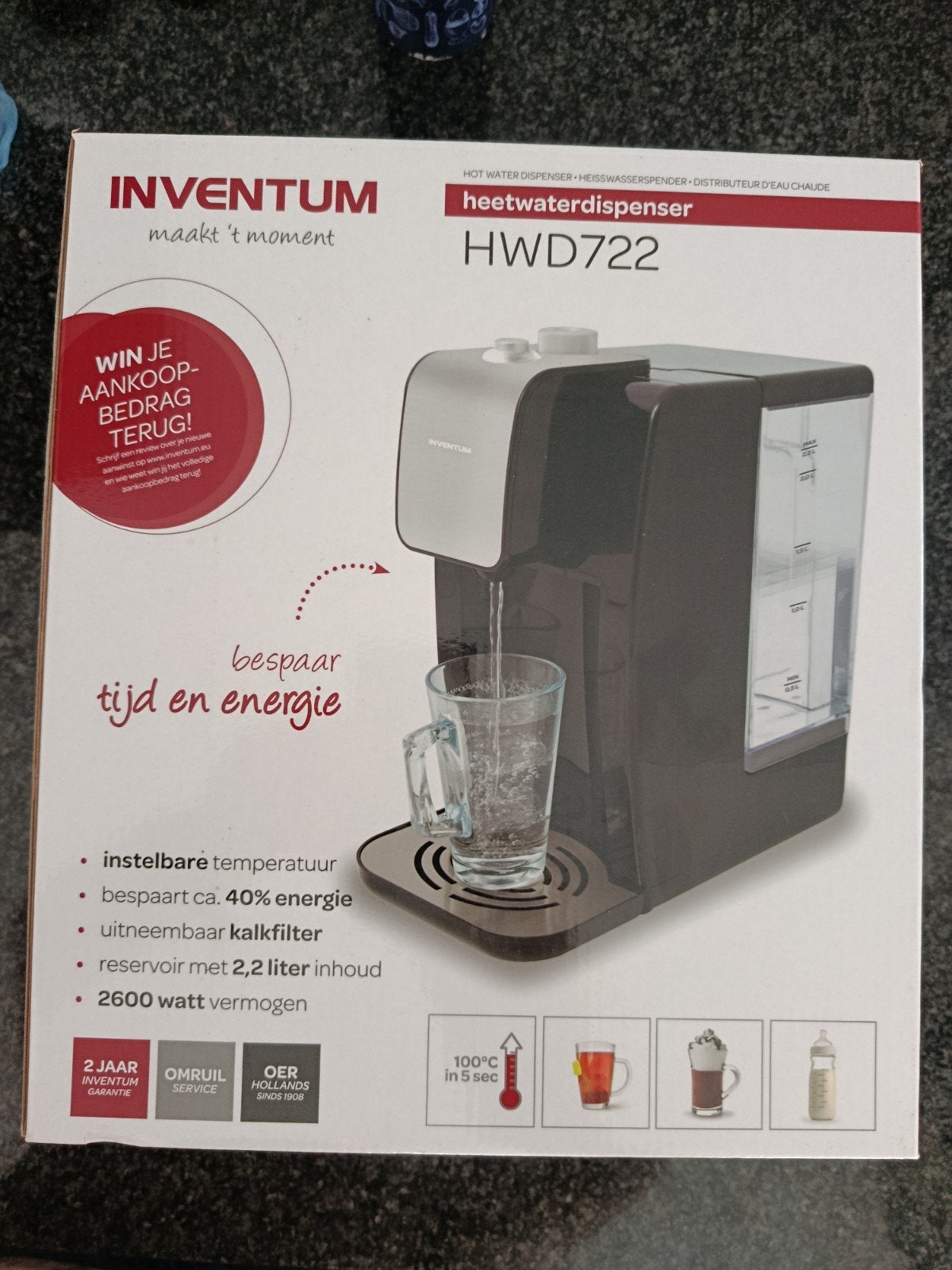 Inventum HWD722 Heetwaterdispenser - Nieuw in doos, Witgoed en Apparatuur, Waterkokers, Zo goed als nieuw, 2 liter of meer, Ophalen of Verzenden