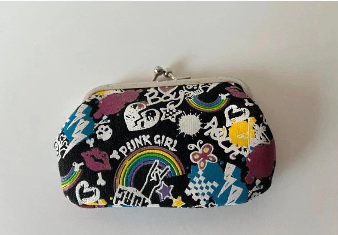 Kleine portemonnee met print – punk/retro stijl, Gebruikt, Zwart, Met knipsluiting, Ophalen