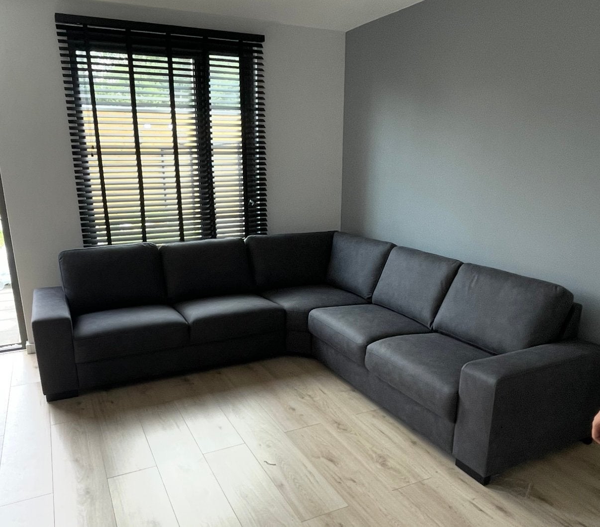 Hoekbank 276x276 2 jaar oud, HR schuim zitting grijs, Ophalen, Zo goed als nieuw, Stof