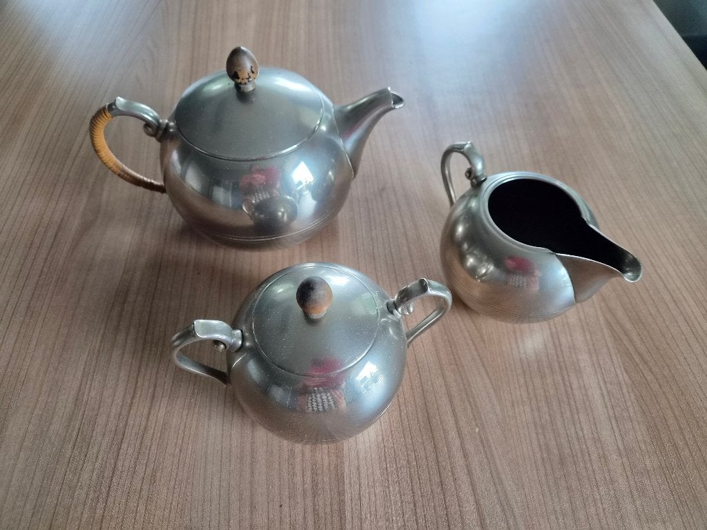 Vintage tinnen theeservies (theepot, suikerpot, melkkan), Ophalen of Verzenden