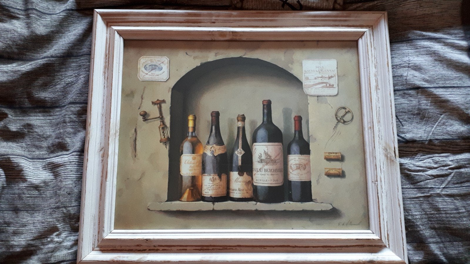 Schilderij van wijnflessen., Ophalen, Ingelijst, Stilleven