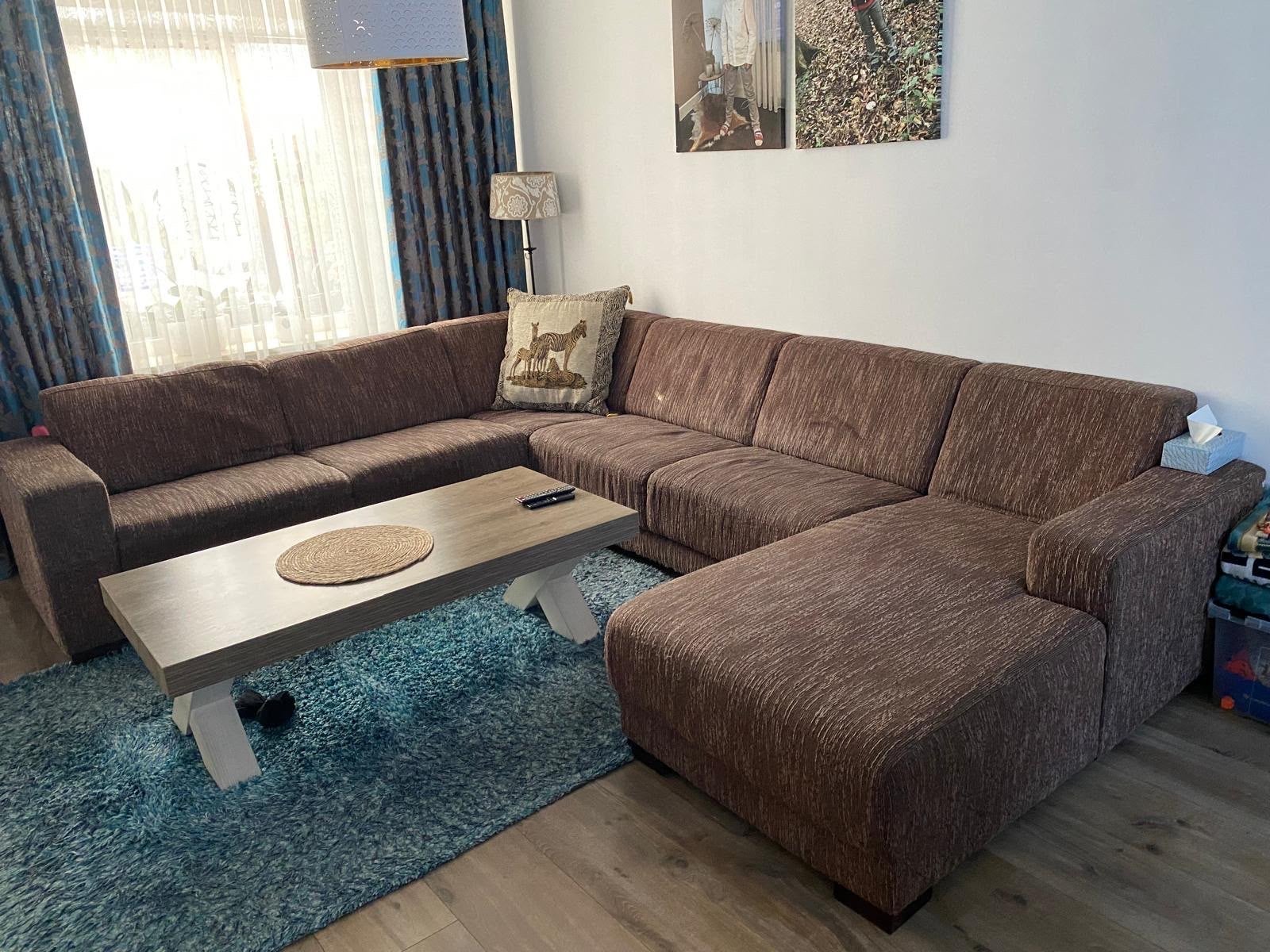 Ruime bruine hoekbank met chaise longue, Ophalen, Gebruikt, Hoekbank, 300 cm of meer