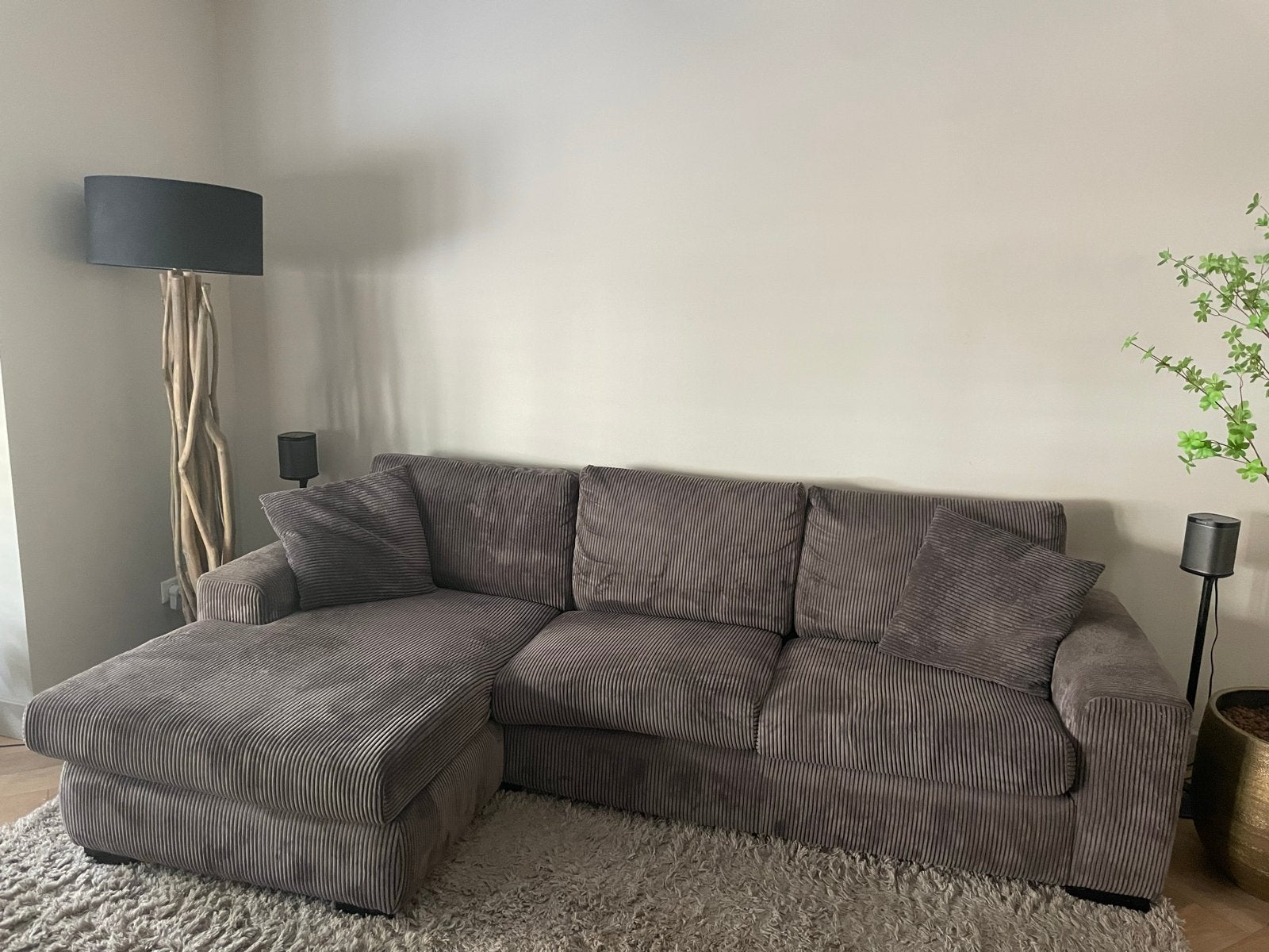 Ribstof hoekbank met chaise longue en wasbare hoezen, 250 tot 300 cm, Gebruikt, Ophalen of Verzenden, Vierpersoons of meer
