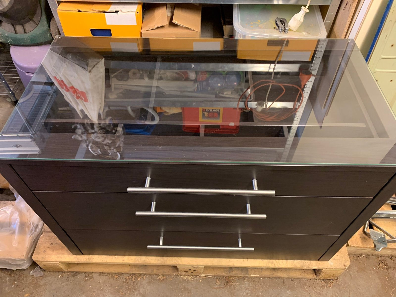 Voor IKEA PAX 100, inzet ladekast met glasplaat, gebruikt, Ophalen, Gebruikt, Glas, Modern, industrieel. Zwart hout fineer, berken fineer en glas