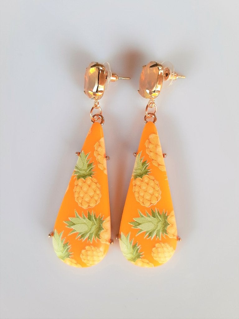 Oorbellen Yellow Pineapple resin-hars-glas facet goud metaal, Overige materialen, Geel, Nieuw, Knopjes of Stekers