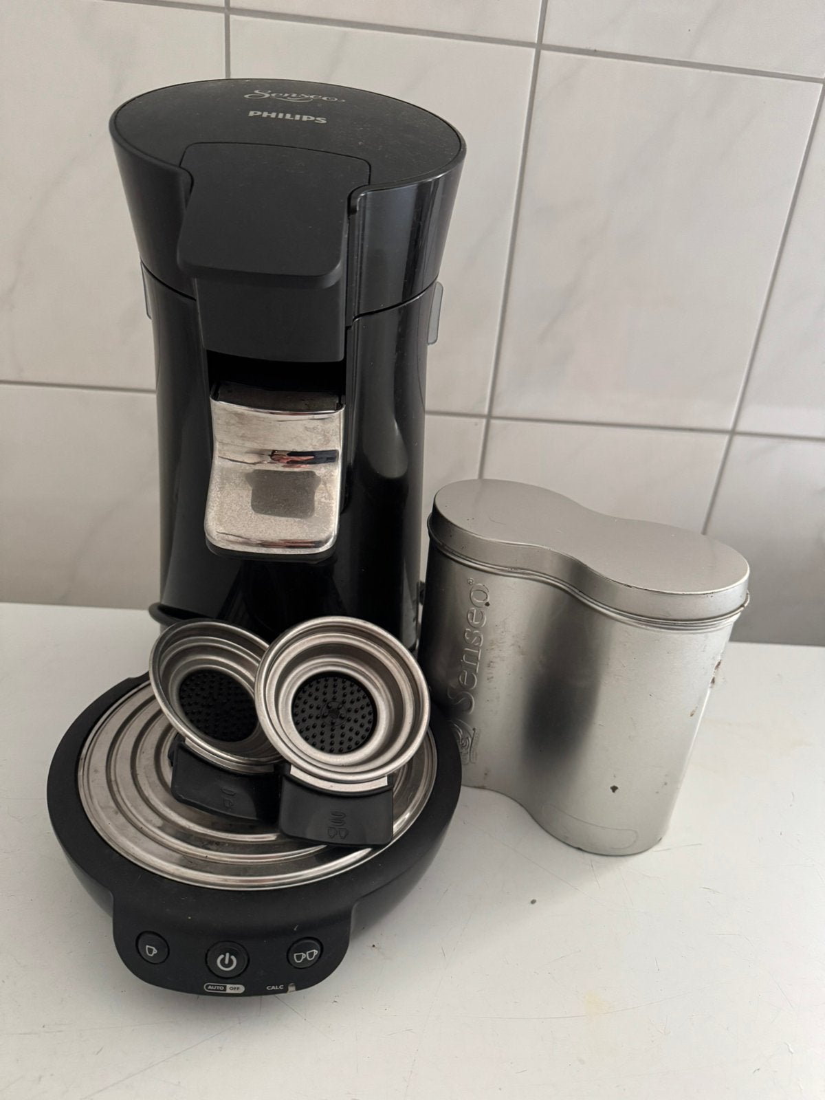 Senseo apparaat met houders en bewaarblik, Ophalen of Verzenden, Koffiemachine, Koffiepads en cups, Afneembaar waterreservoir