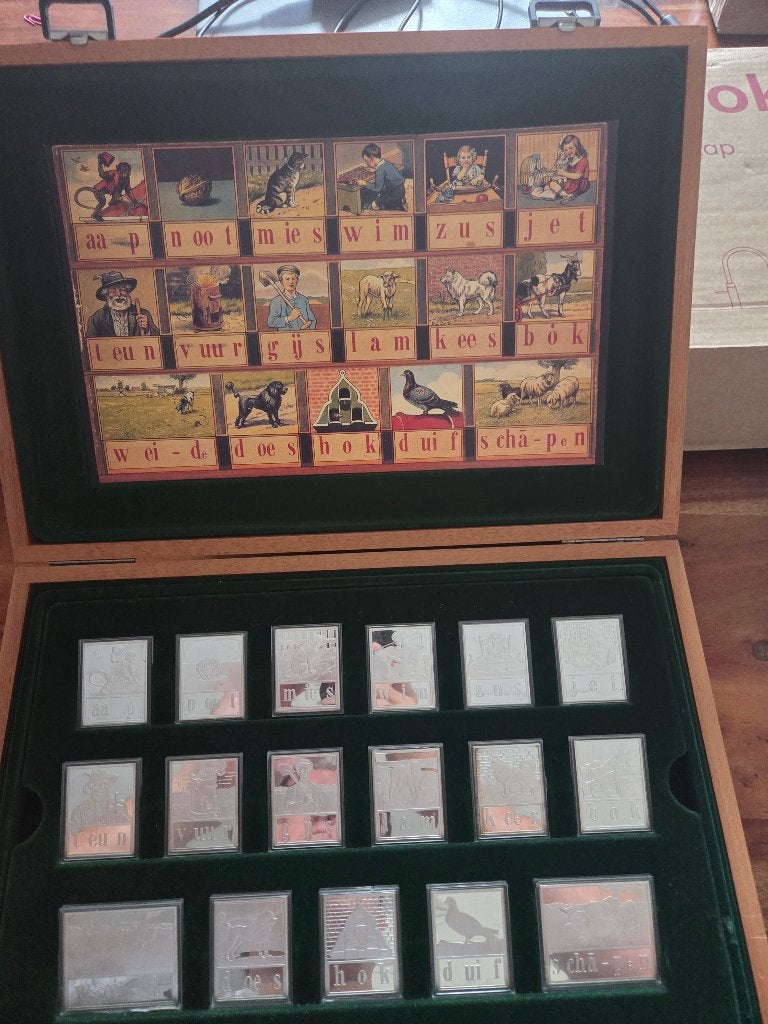 Zilveren leesplankje aap, noot, mies in 925 zilver, Ophalen of Verzenden, Overige landen, Setje, Zilver