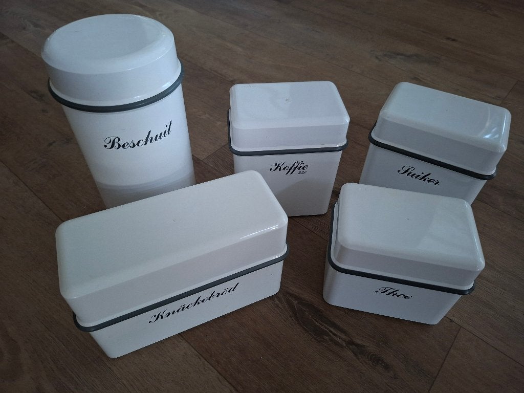 Set van 5 opberg bussen, Huis en Inrichting, Kunststof, Ophalen of Verzenden, Zo goed als nieuw, Voorraadpot
