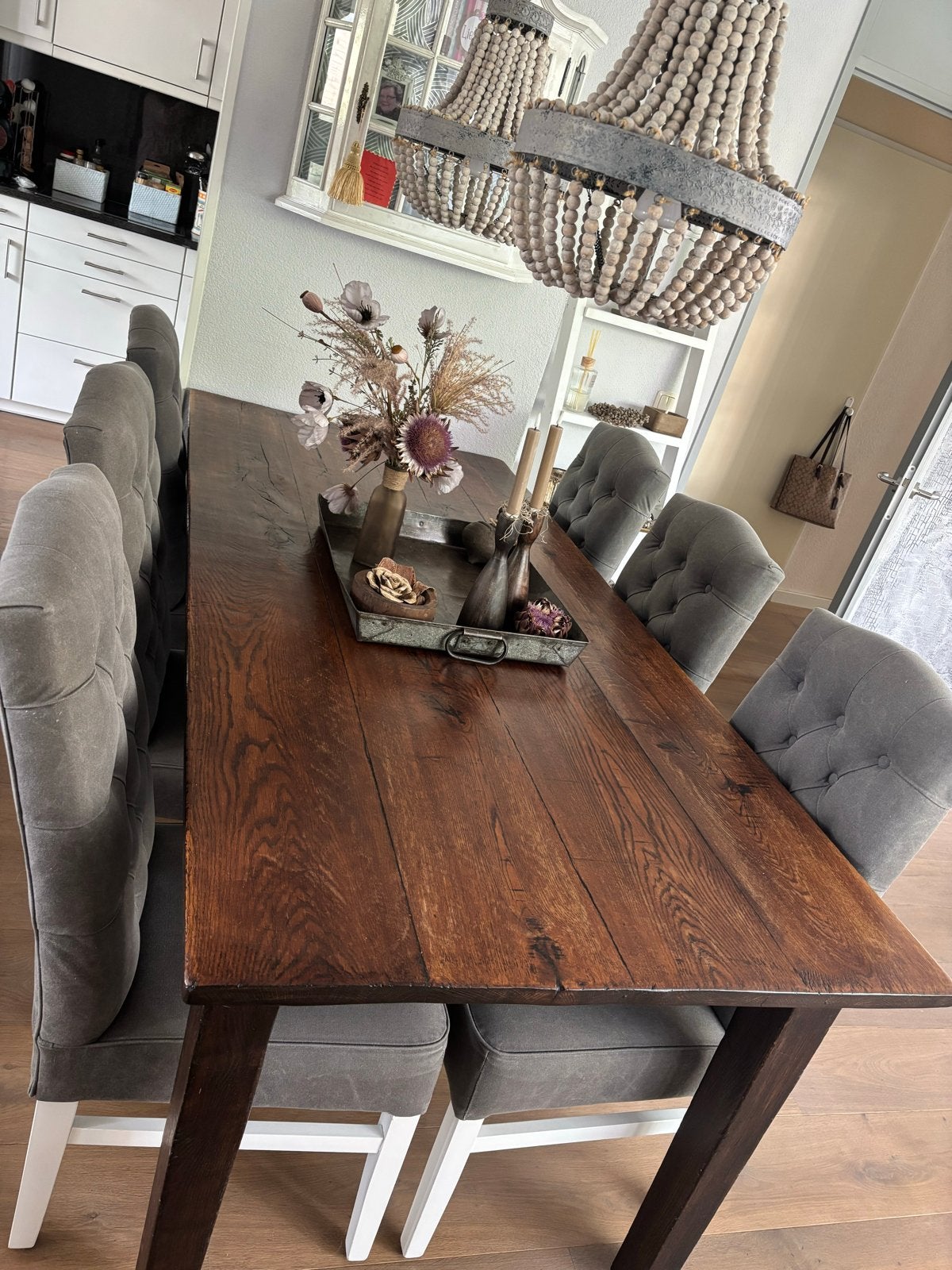 Eikenhouten eettafel met 6 gestoffeerde stoelen, Huis en Inrichting, Tafels | Eettafels, Ophalen, Eikenhout, 50 tot 100 cm, Zo goed als nieuw