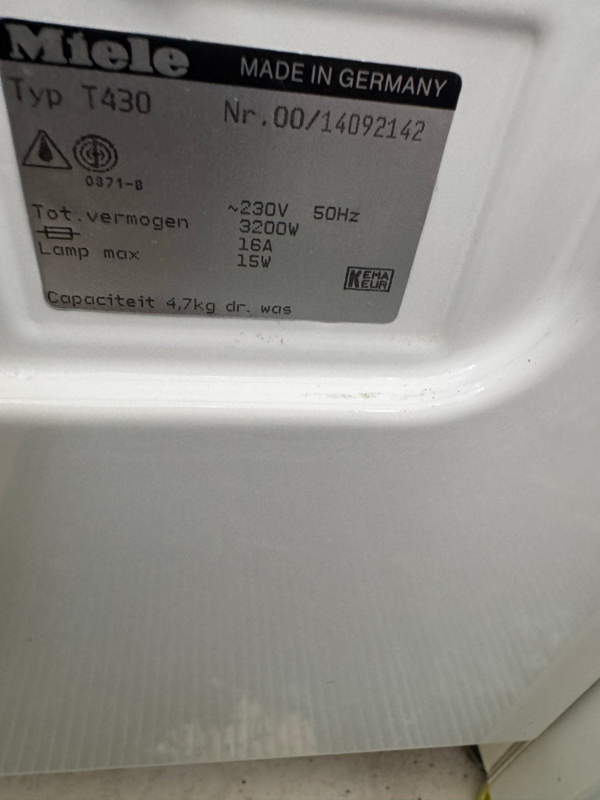 Miele T430 Luchtafvoer Wasdroger - 4,7kg Capaciteit, Ophalen, Gebruikt, Luchtafvoer, 4 tot 6 kg