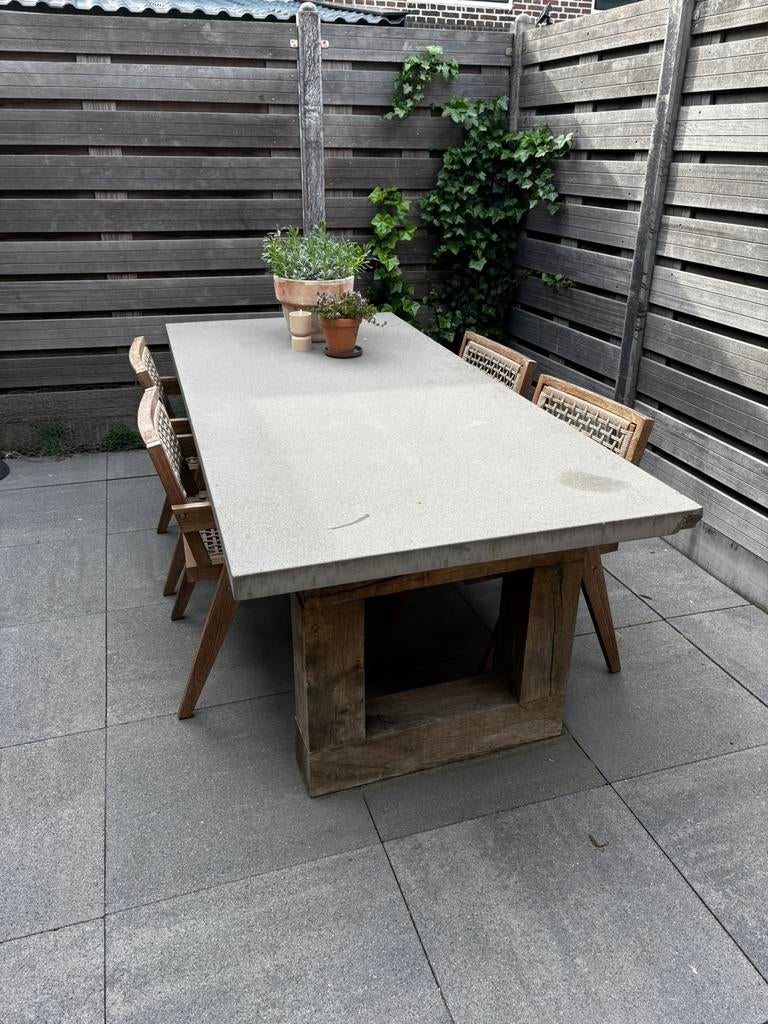 Tuintafel beton blad en onderstel van eikenhout, Tuin en Terras, Tuintafels, Ophalen, Gebruikt, Rechthoekig, Hout