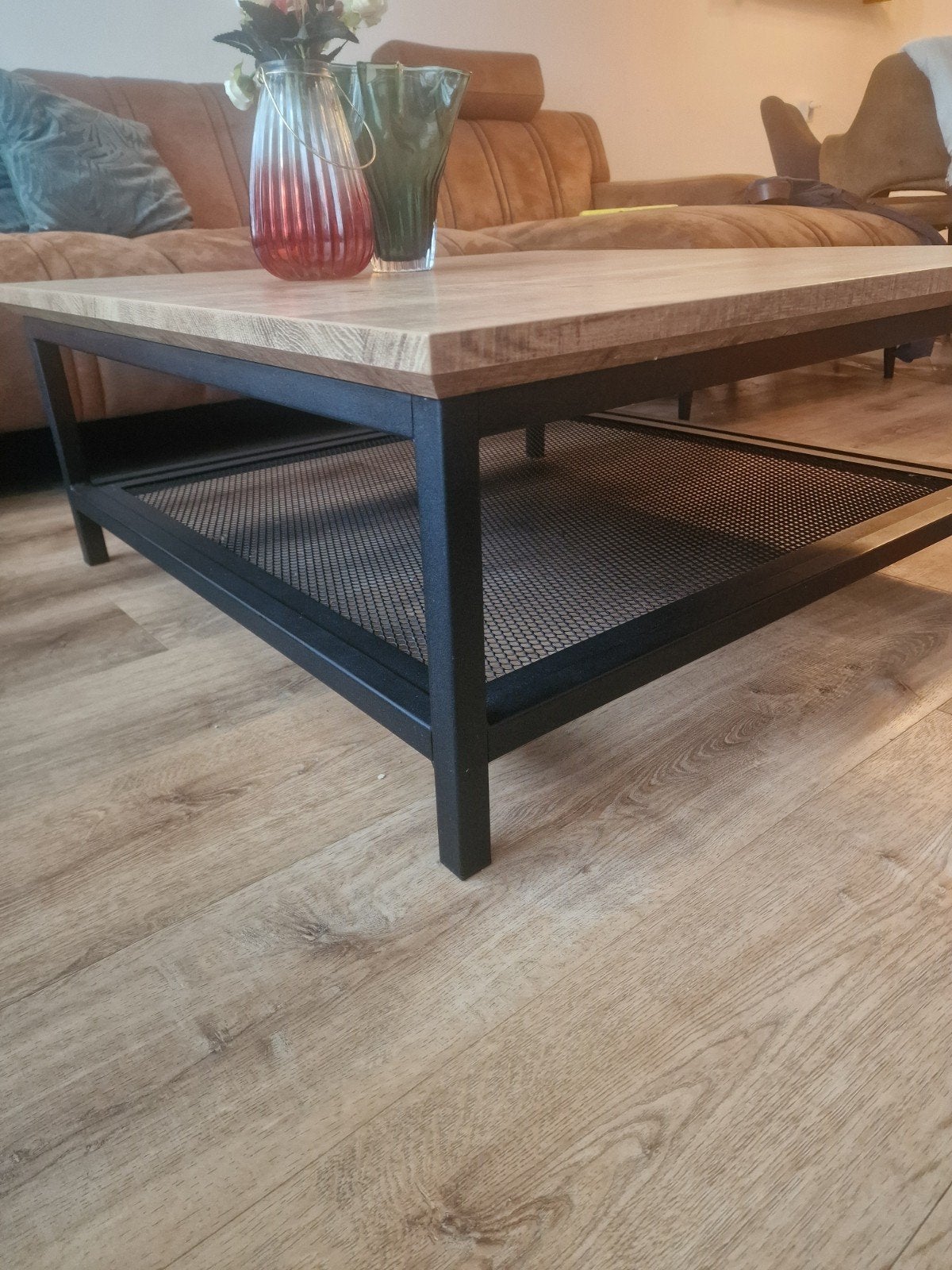 Salontafel Industrieel Mango Hout en Metaal, Huis en Inrichting, 50 tot 100 cm, Vierkant, 50 tot 100 cm, Zo goed als nieuw
