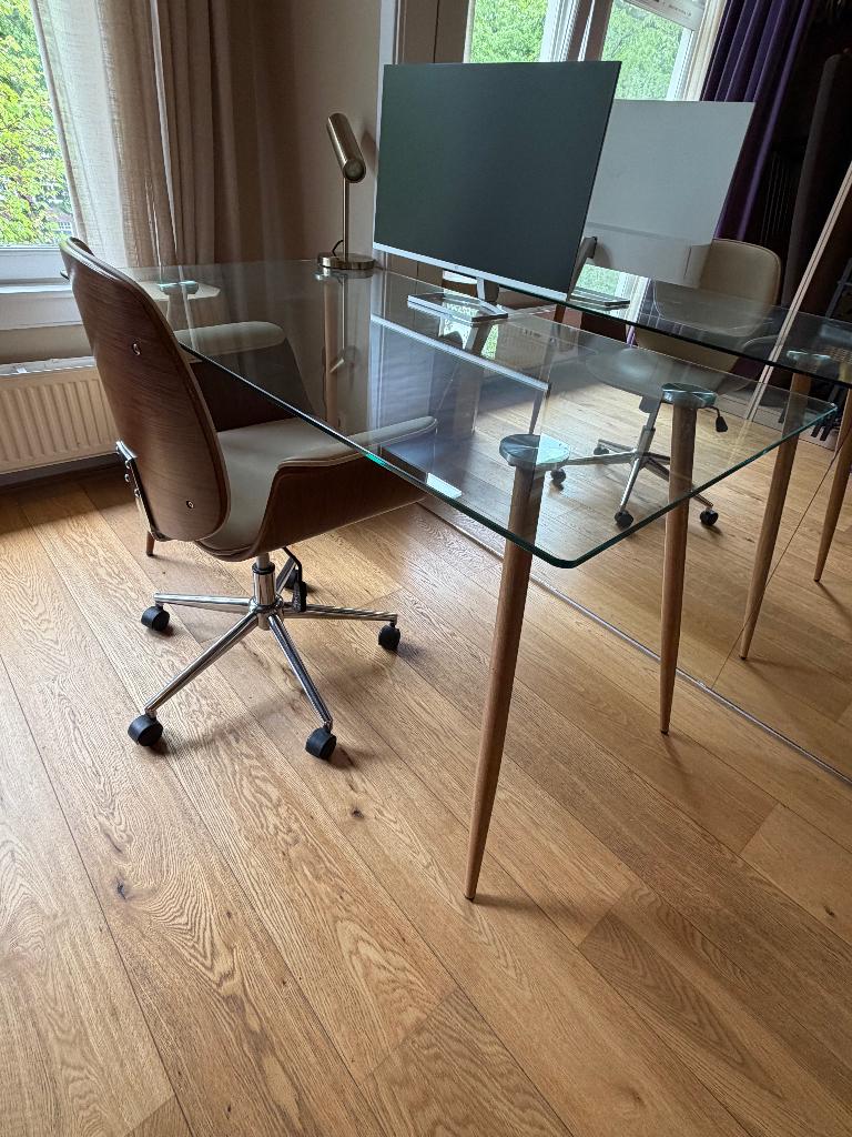 Glazen Bureau + Bureaustoel, bieden!, Huis en Inrichting, Bureaus, Ophalen, Gebruikt, 140 cm, Computerbureau