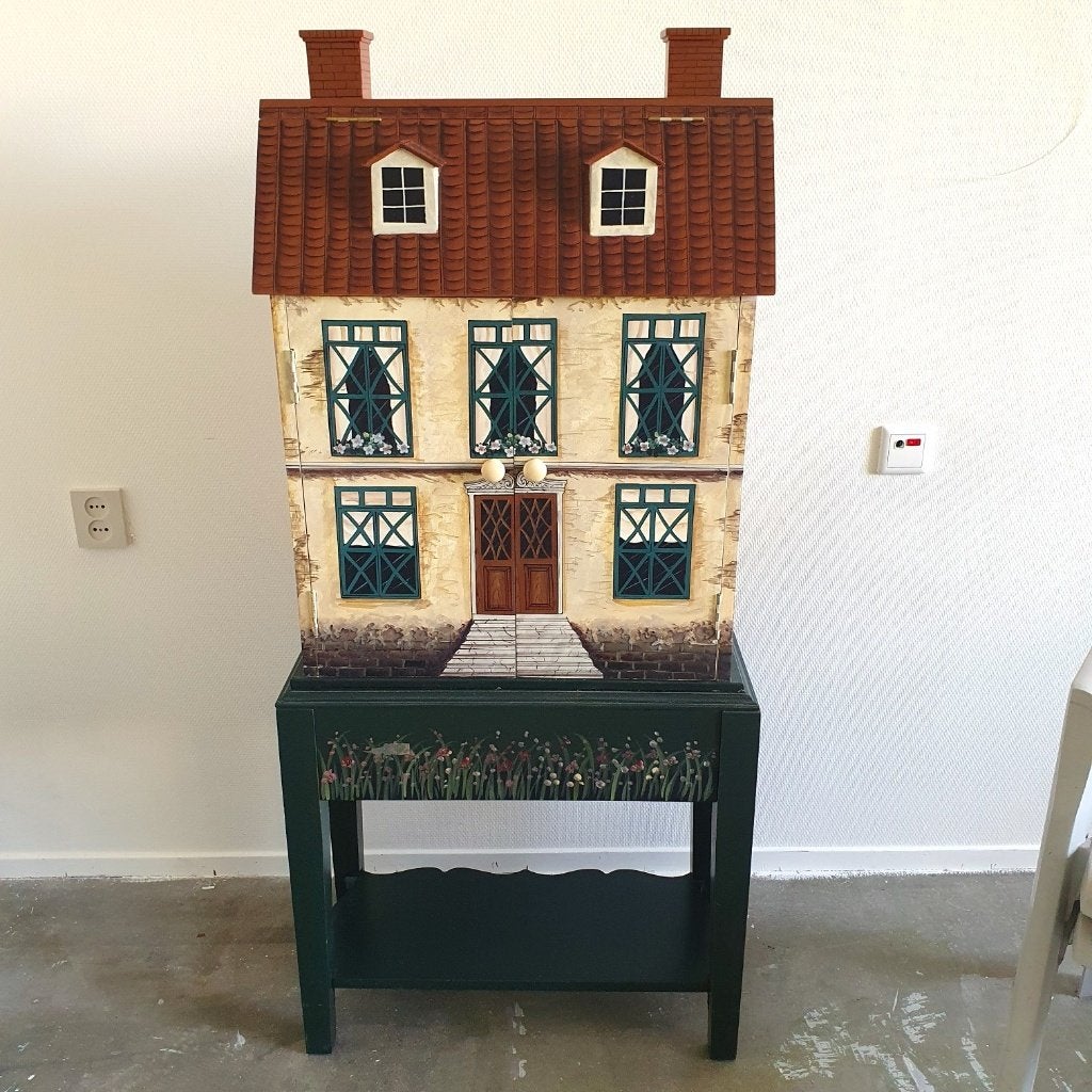 Vintage Handbeschilderd houten poppenhuis +bijpassend kastje, Verzamelen, Ophalen, Gebruikt, Poppenhuis
