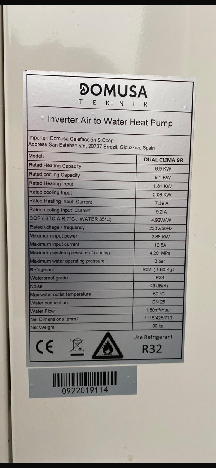 Domusa Dual Clima 9kW warmtepomp | Compressor & mechanisch, Ophalen, Zo goed als nieuw
