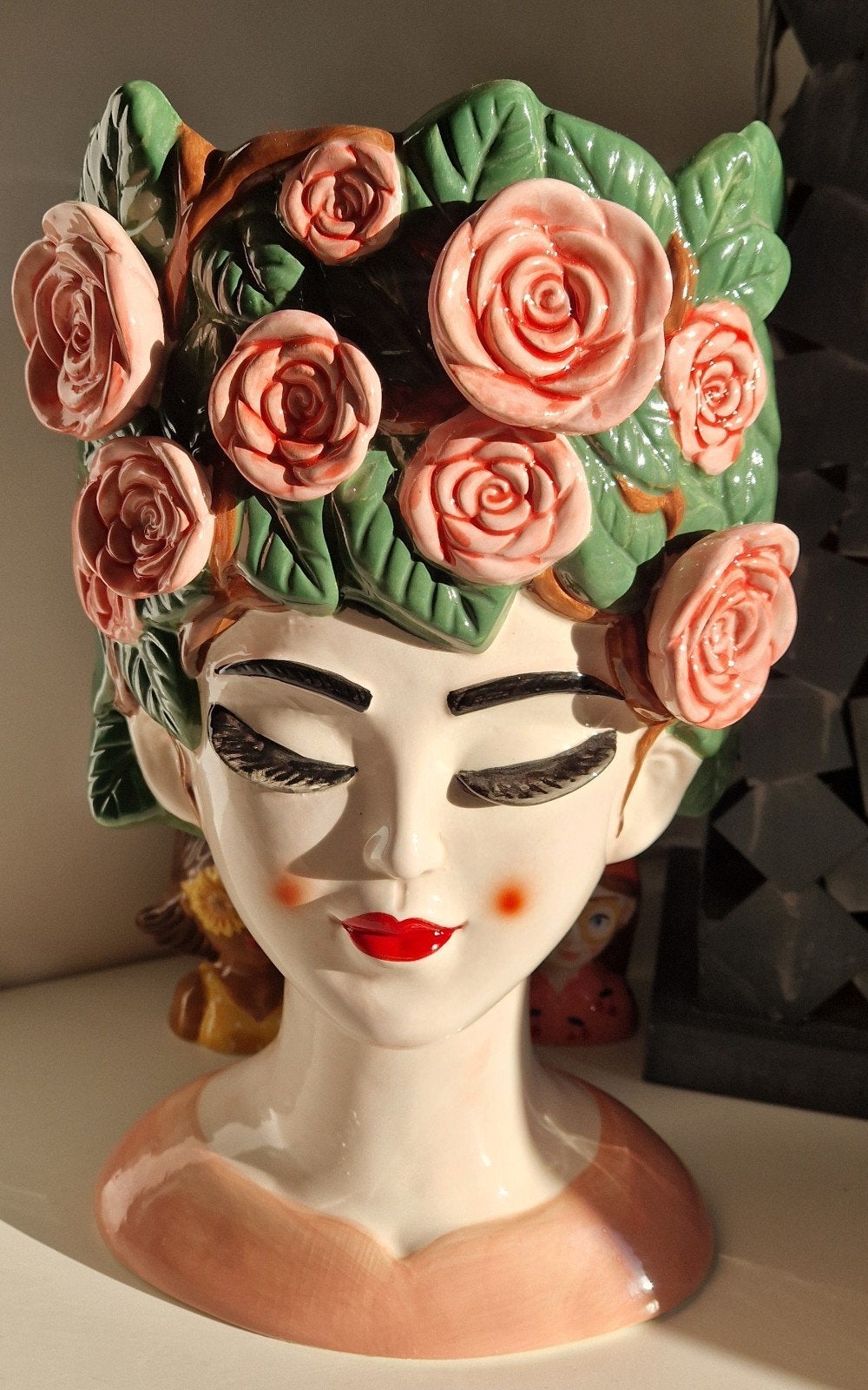 Bloempot vrouw roze rozen groot model, Ophalen, Nieuw, Roze