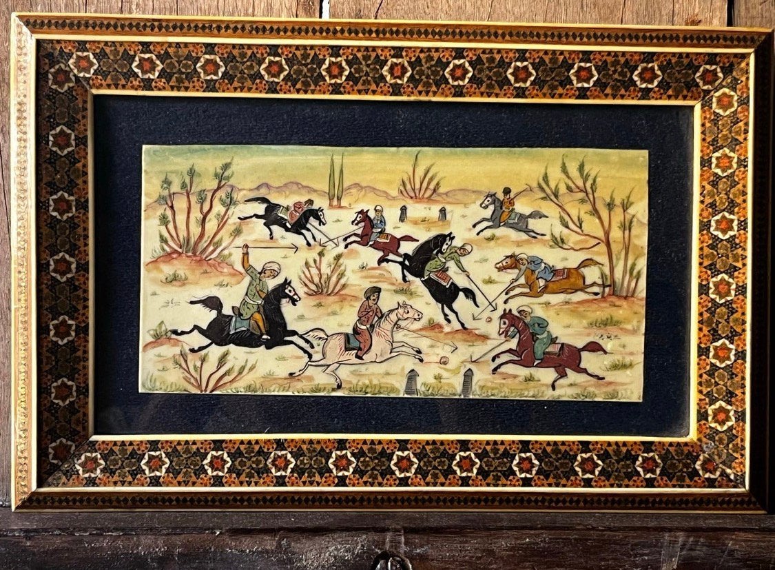 Perzisch miniatuur schilderij Iran: Polo spel ingelijst, Ophalen
