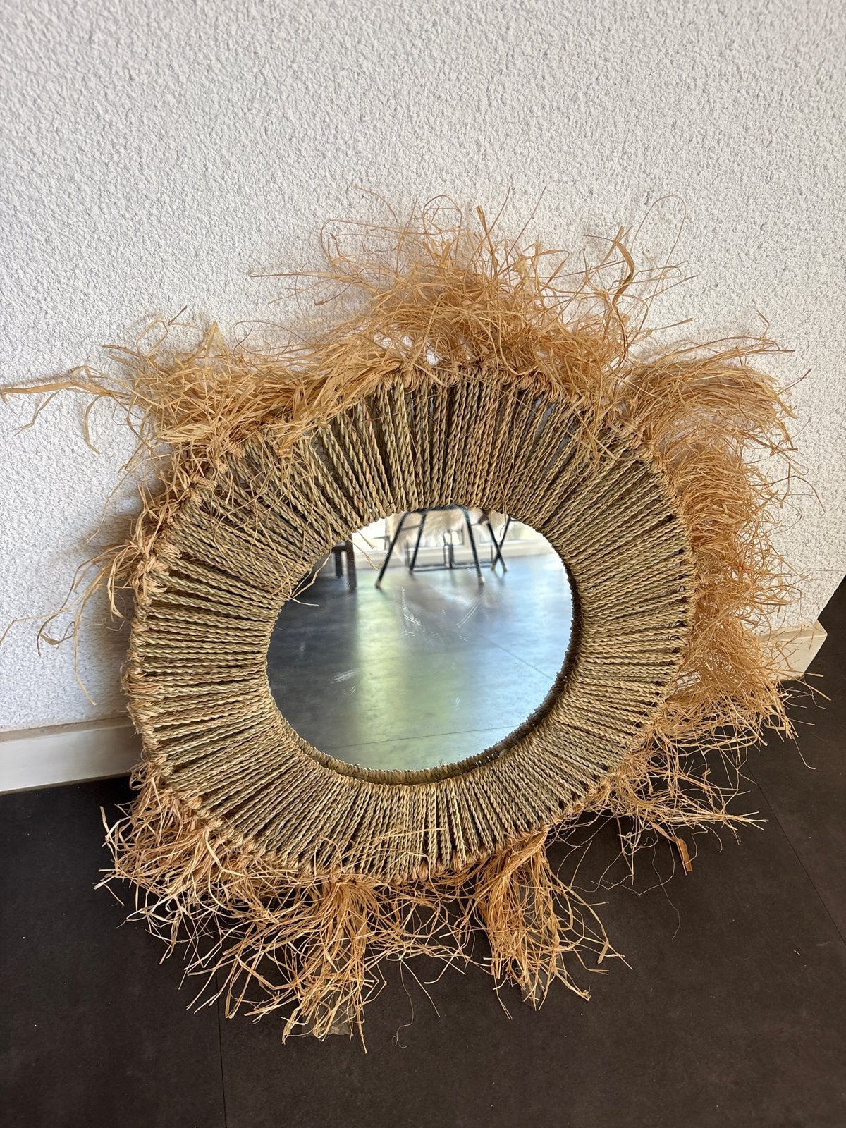 Nieuwe Ibiza spiegel met raffia, diameter 52 cm, Ophalen, Rond, Nieuw, Minder dan 100 cm