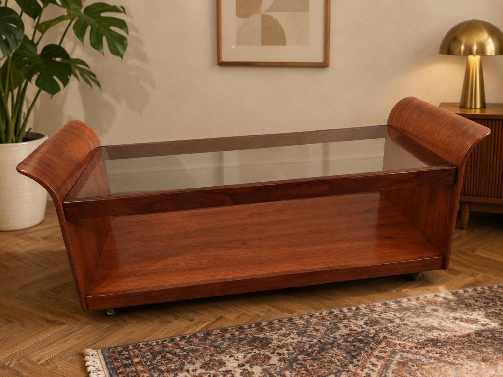 Salontafel vintage, G.Plan, ontwerp Tulip, teakhout / glas, 100 tot 150 cm, Vintage, Zo goed als nieuw, Teakhout