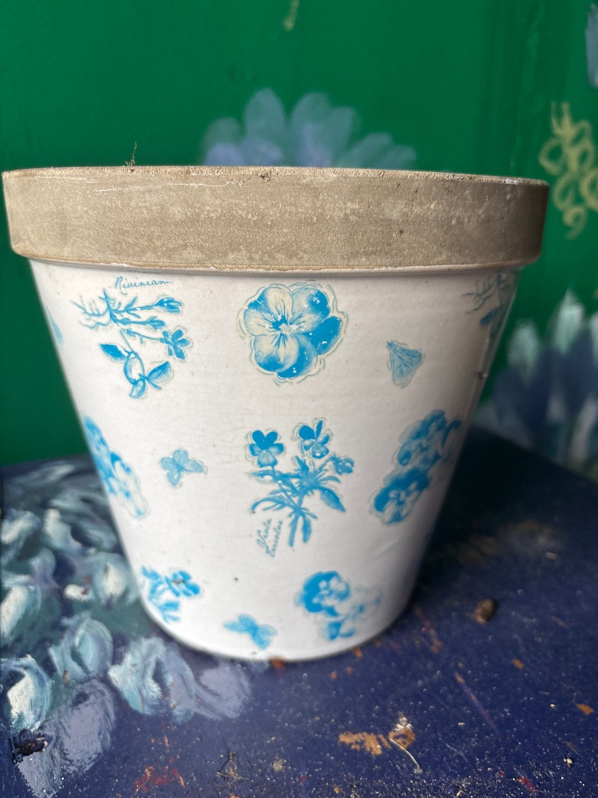 Bloempot met blauw bloemenmotief, Gebruikt, Rond, Binnen, Ophalen of Verzenden