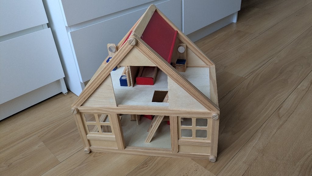 Houten poppenhuis met meubeltjes - H40 x L38 x B27,5, Ophalen, Zo goed als nieuw, Poppenhuis