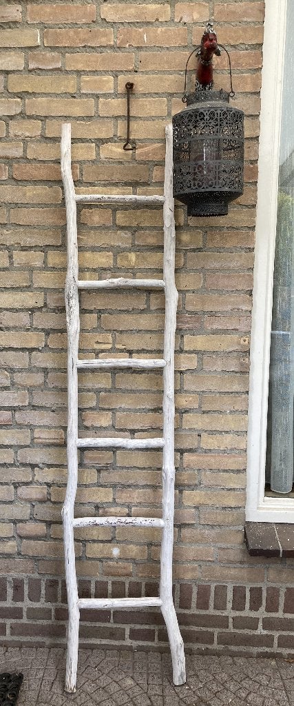 Brocante oude witte houten ladder, Ophalen, 180 cm, 35 cm, Hout