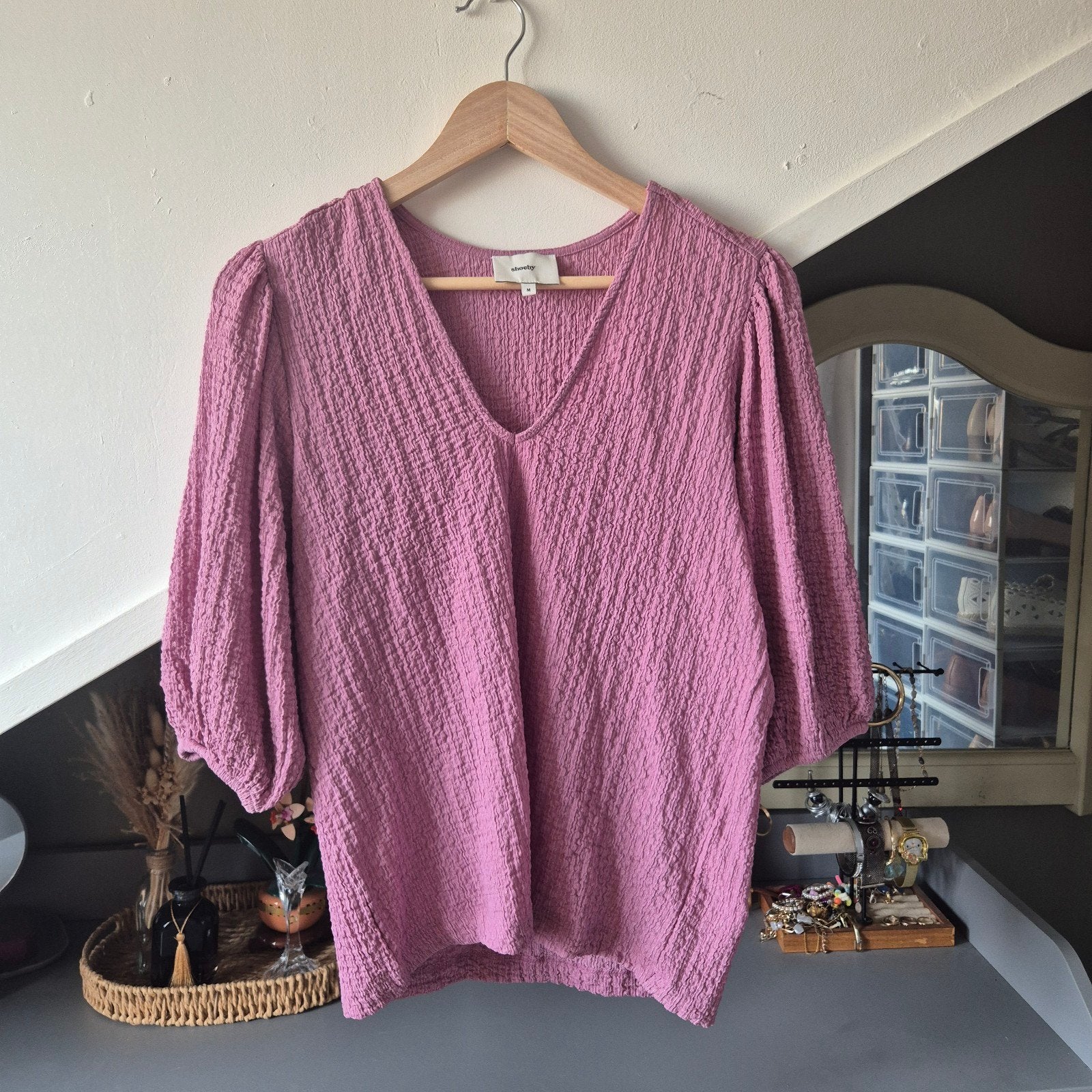 Shoeby top lila roze wafelstof pofmouw - Maat M, Maat 38/40 (M), Ophalen of Verzenden, Zo goed als nieuw, Korte mouw