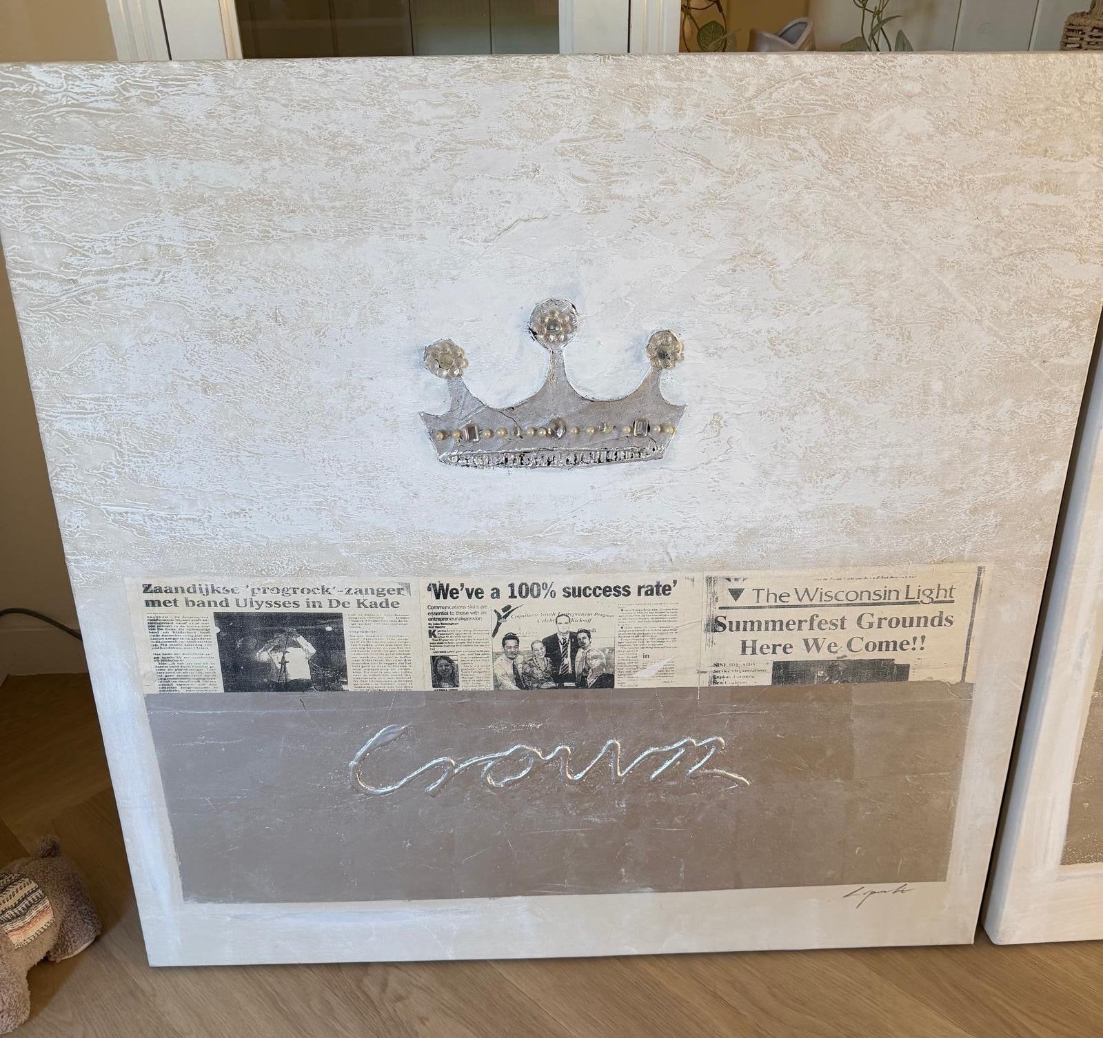 Modern schilderij met kroon en tekst 'Crown', Ophalen, Overig onderwerp, Handgeschilderd, Gemengde techniek