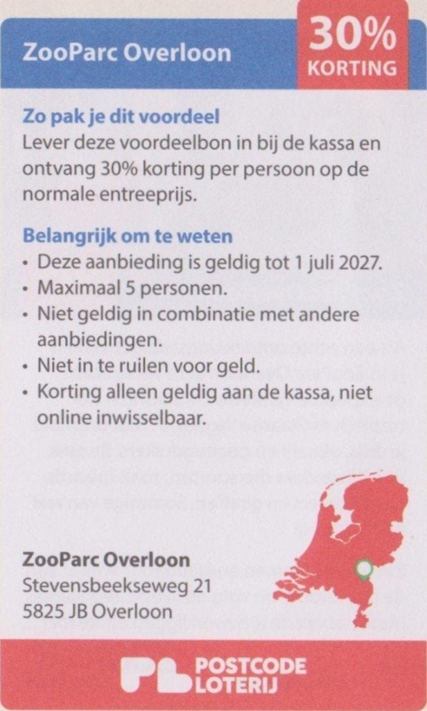 ZooParc Overloon. 30% korting. Postcodeloterij voordeelbon., Drie personen of meer, Kortingskaart