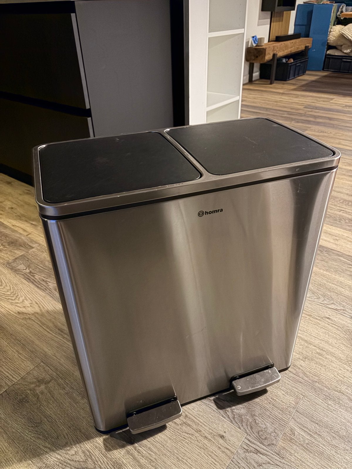 Homra Duo Prullenbak RVS - 2x 30 liter, Huis en Inrichting, Woonaccessoires | Prullenbakken, Ophalen, 50 – 75, Gebruikt, Met pedaal